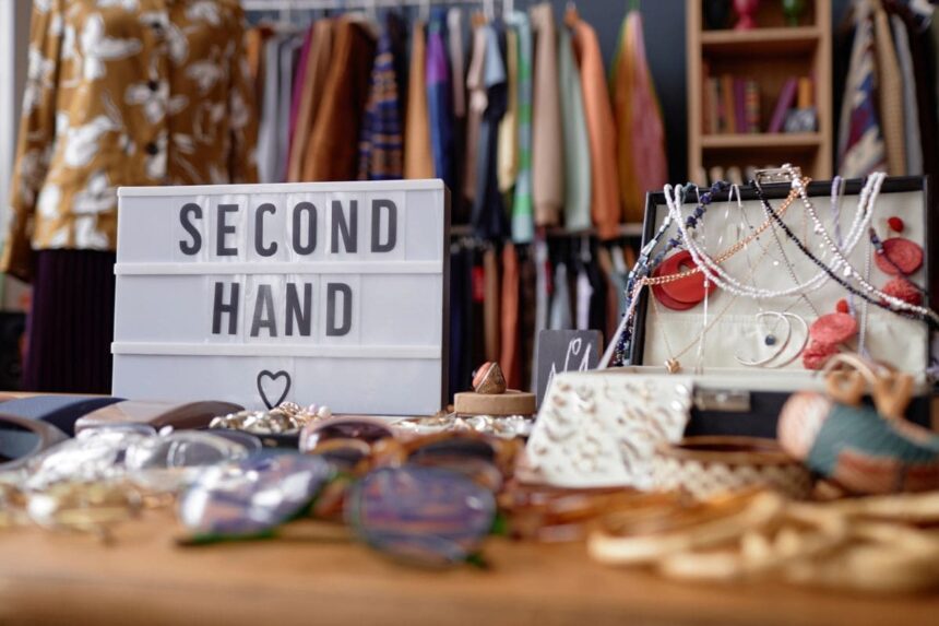 A thrift store with jewelry, sunglasses, and other items on a table, along with a sign that reads "Second Hand".