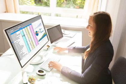 Budget Spreadsheets Professional Young Businesswoman Working On Computer In Office